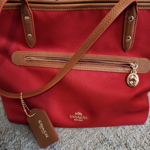 New large coach purse bag tote red brown leather canvas - Picture 6 of 6